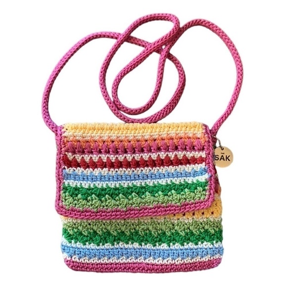 The Sak Pink Crochet Multi Colored Boho‎ Striped Crossbody Bag - Picture 1 of 6